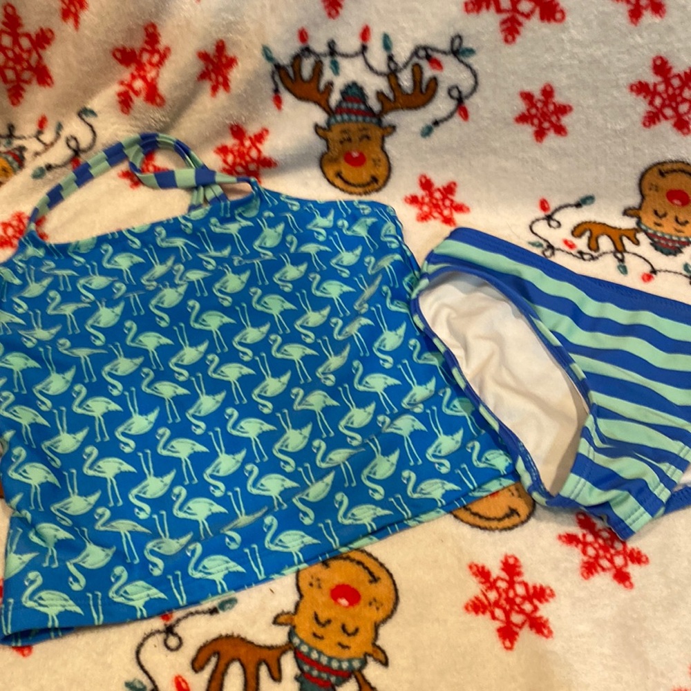 🦊 Girls Swimsuit 2 Piece Wonder Nation 6 - 6X Teal Blue Flamingos swim